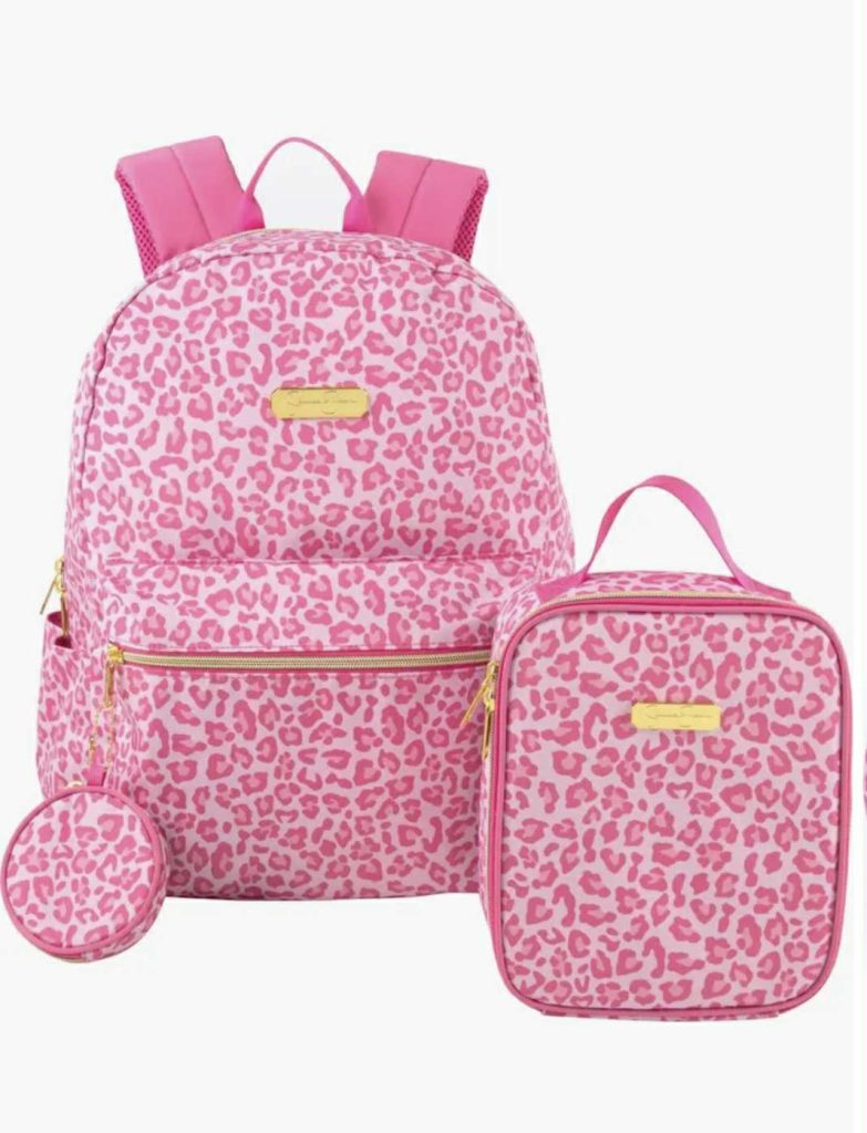 Jessica Simpson Women’s Computer Backpack with Lunch Box, Side Pockets, Coin Purse Keychain | 3 Piece Laptop Backpack with Lunch Bag Set (Bold pink Cheetah)